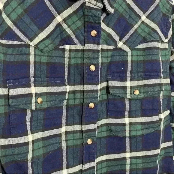JACHS GIRLFRIEND Green and Navy roll tab sleeve flannel | size small - Picture 5 of 10
